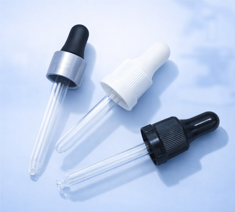 Kit conta-gotas montado. Conjunto completo pronto para envase.